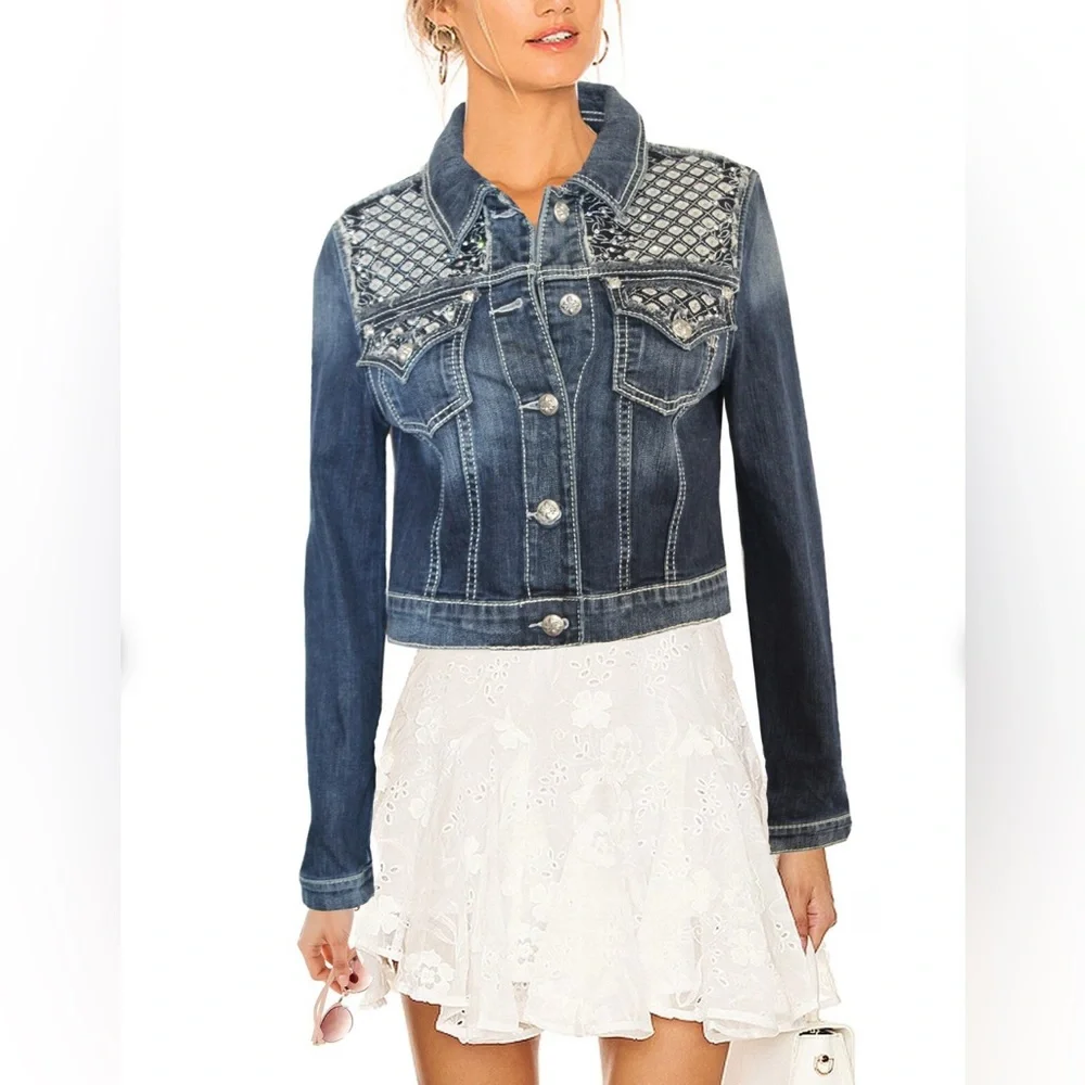 Miss Me Cropped Rhinestone Jean Jacket - Picture 2 of 5